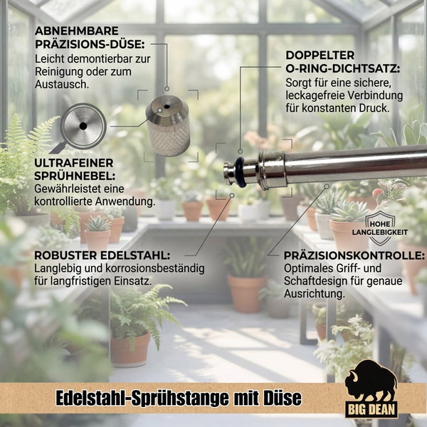 Edelstahl Sprühstange mit abnehmbarer Präzisionsdüse, O-Ring Dichtung und robustem Design für den gezielten Einsatz im Gewächshaus.