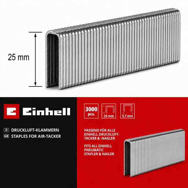 Einhell Druckluftklammern mit 25 Millimeter Laenge und 5,7 Millimeter Breite fuer Tacker, Packung mit 3000 Stueck.
