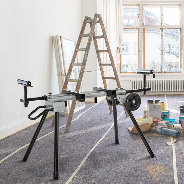 DURHAND Arbeitstisch für Kapp- und Gehrungssägen Sägengestell Kappsäge Stahl Schwarz+Silber Seitenverlängerung 123,5-245 cm