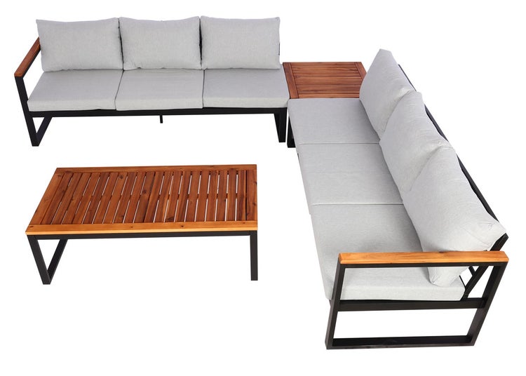 Eck-Gartenlounge-Set mit zwei Dreisitzer-Sofas, grauen Polstern, schwarzem Metallgestell, Holzelementen und einem Couchtisch.