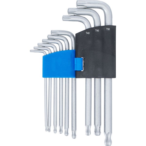 Torx-Winkelschlüsselsatz 9-teilig aus mattverchromtem Stahl in aufklappbarem Kunststoffhalter mit Größenmarkierungen von T10 bis T50.