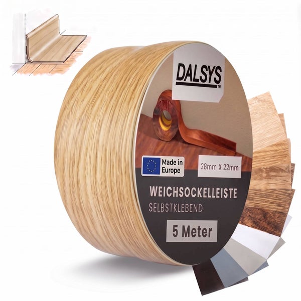 Dalsys Weichsockelleiste selbstklebend in Holzoptik 28 mal 22 Millimeter 5 Meter Rolle zur flexiblen Wandabschlussgestaltung