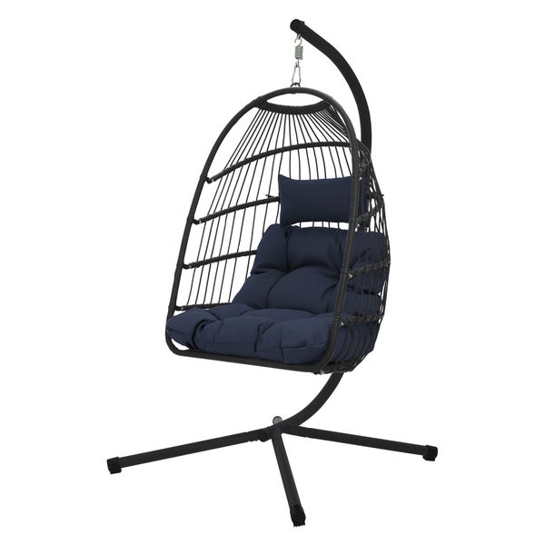 ECD Germany Hängesessel mit Gestell und Kissen + Deckenhalterung, Navyblau, Rattan-Optik, Stahl, höhenverstellbar & faltbar, Indoor/Outdoor, Hängestuhl Hängekorb Hängeschaukel Hängesitz, für Garten