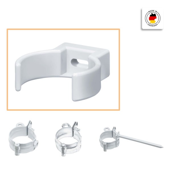 Rohrclips und Rohrschellen aus Kunststoff in verschiedenen Ausführungen zur Befestigung von Rohren mit Made in Germany Siegel.