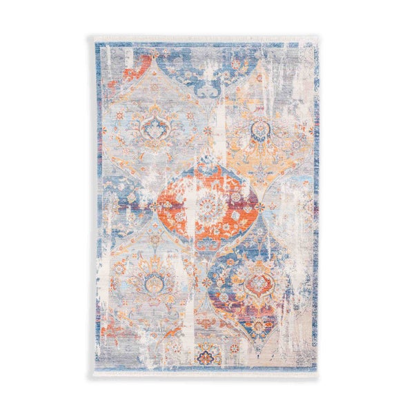 Rechteckiger Orientteppich im Vintage-Stil mit blauem und orangem Muster sowie Fransen.