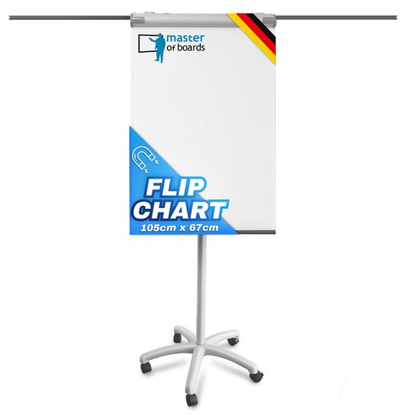 Master of Boards Logo. Magnetisches Flipchart 105 mal 67 Zentimeter auf fünf Rollen mit ausziehbaren Seitenarmen. Hergestellt in Deutschland.