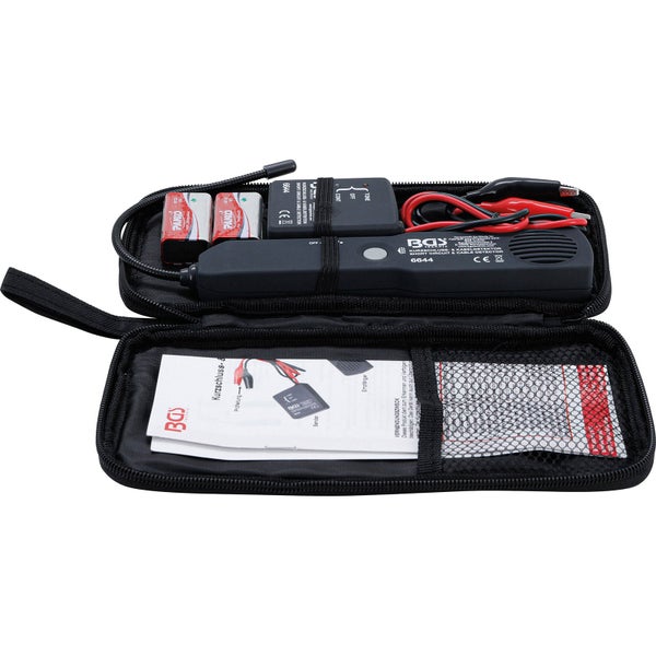 BGS Kabelsuchgerät im geöffneten Etui mit Batterien, Klemmen und Bedienungsanleitung