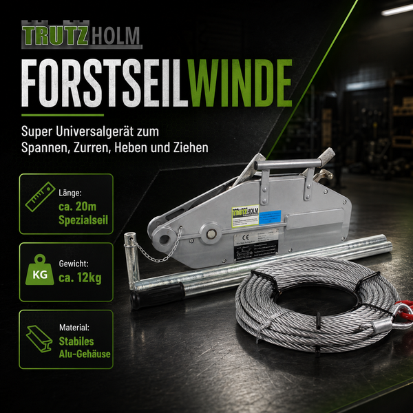 Trutzholm Logo, Forstseilwinde mit circa 20 Meter Stahlseil und Hebel, Gehäuse aus Aluminium, europäische Konformität.