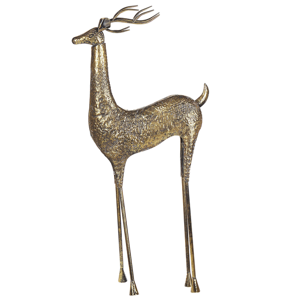 Dekofigur Hirsch aus Metall mit strukturierter Oberfläche, schlanke Form mit Geweih.