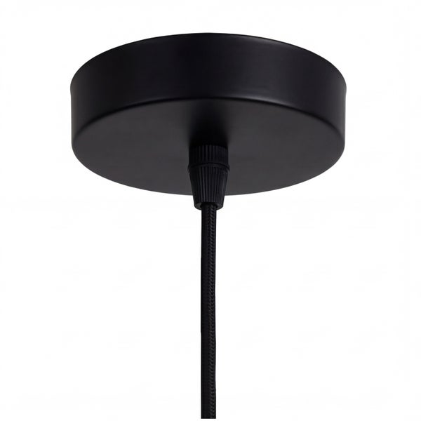 Runder Deckenbaldachin aus Metall in Schwarz matt mit schwarzem Textilkabel für Pendelleuchten.