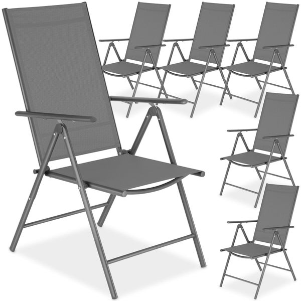 Set aus sechs klappbaren Gartenstühlen mit hoher Rückenlehne und Textilbespannung.