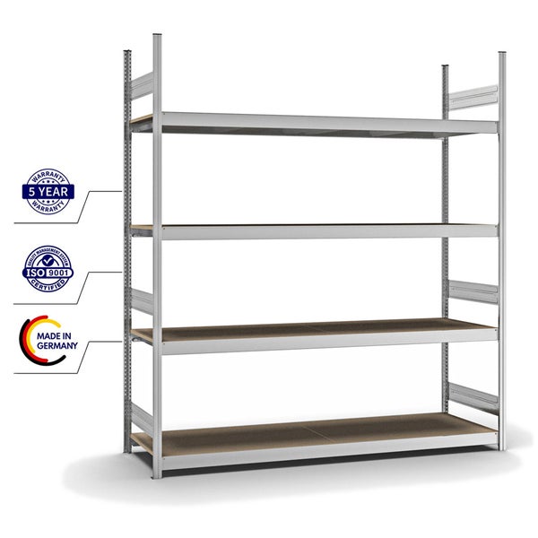 PROREGAL Weitspannregal Stecksystem T-Profil Grundregal HxBxT 250x225x60 cm 4 Ebenen Spanplatten Fachboden Fachlast 350 kg Verzinkt