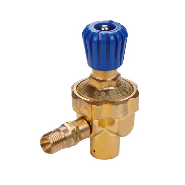 Druckregler aus Messing mit blauem Drehknopf und Gewindeanschluss.