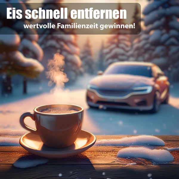 Tasse mit heißem Getränk im Winter vor einem Auto