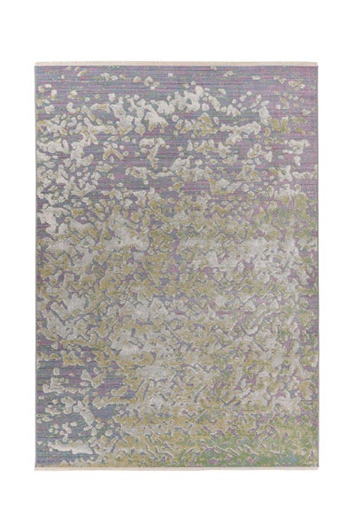 Mehrfarbiger rechteckiger Teppich mit abstraktem Muster und Fransen.