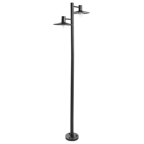 Moderne zweiflammige Außenstehleuchte mit zwei Lampenschirmen auf einem hohen Mast zur Gartenbeleuchtung