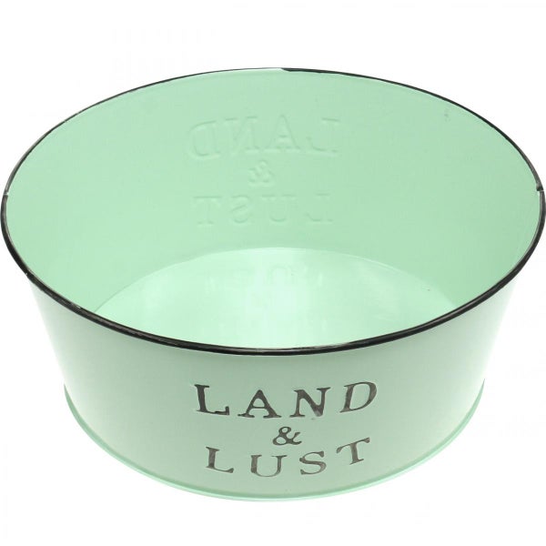 Blumentopf aus Metall mit Aufschrift Land und Lust