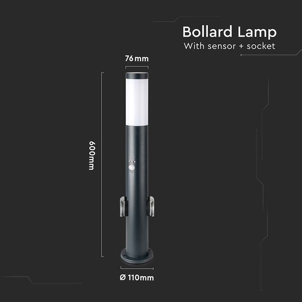 Pollerleuchte mit Sensor und Steckdose, 600 mm hoch