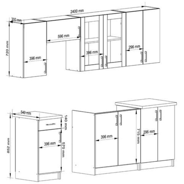 Skizze einer Küchenzeile mit Maßen