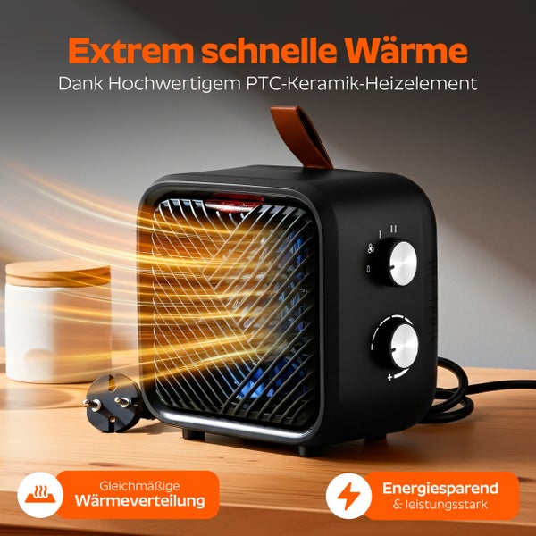 Schwarzer Keramik-Heizlüfter mit PTC-Element, Tragegriff aus Leder und zwei Drehreglern. Symbole für gleichmäßige Wärme und Energieersparnis.