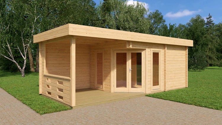 FinnTherm Saunahaus Kiruna-70 Gartensauna 4 Sitzbänke aus Holz, Sauna mit 70 mm Wandstärke Außensauna, Naturbelassen 7,6x3,6m