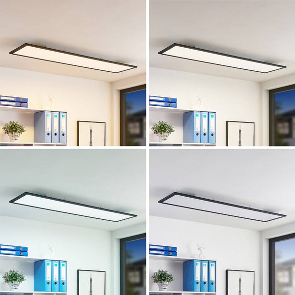 Rechteckiges LED-Panel mit schwarzem Rahmen an der Decke in einem hellen Büro, dargestellt in vier verschiedenen Farbtemperaturen.