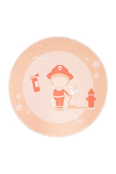 Runder Kinderteppich mit Feuerwehrmann-Motiv, Hydrant und Feuerlöscher sowie dem Schriftzug My little Boy.