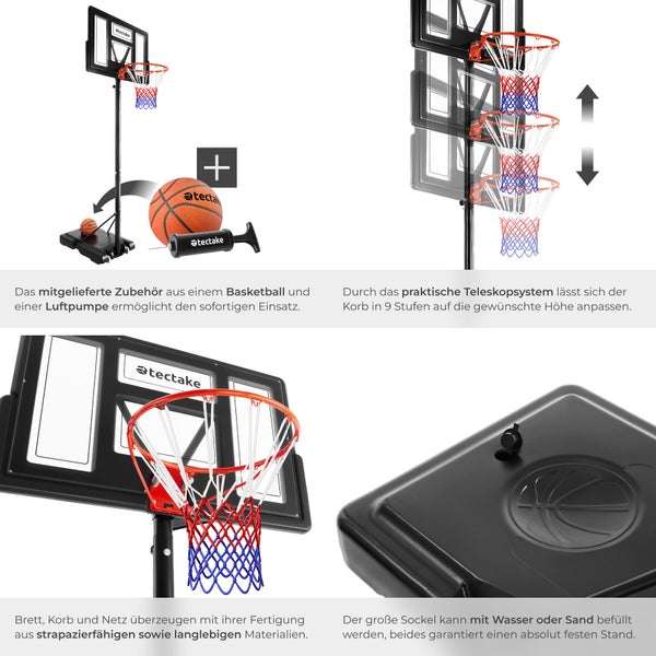 Mobiles Basketballkorb-Set mit höhenverstellbarem Teleskopständer, Backboard, Korb, Netz, Ball und Luftpumpe. Befüllbarer Standfuß für Stabilität.