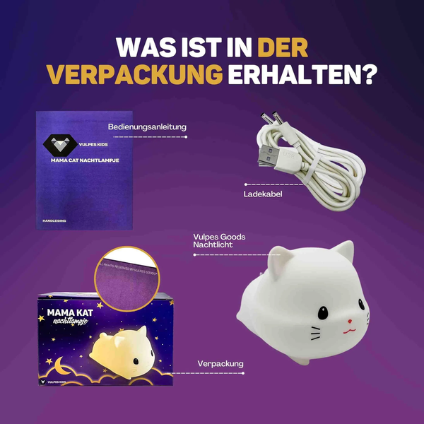 Lieferumfang der Vulpes Kids Mama Katze Nachtlampe inklusive Ladekabel, Bedienungsanleitung und Produktverpackung.