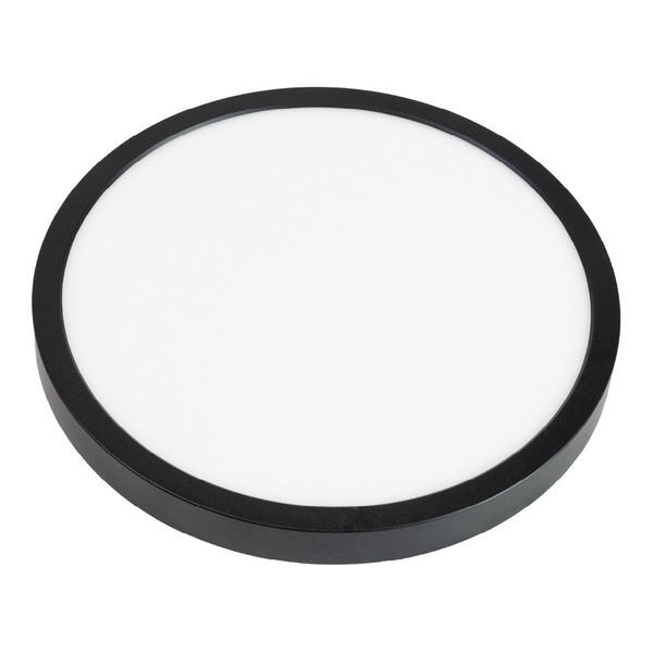 Runde LED-Deckenleuchte mit schwarzem Rahmen und weißer Abdeckung.