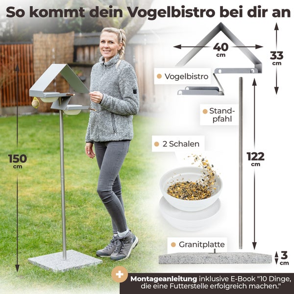 Vogelbistro mit Futterschalen und Ständer auf einer Granitplatte im Garten. Montageanleitung inklusive E-Book.