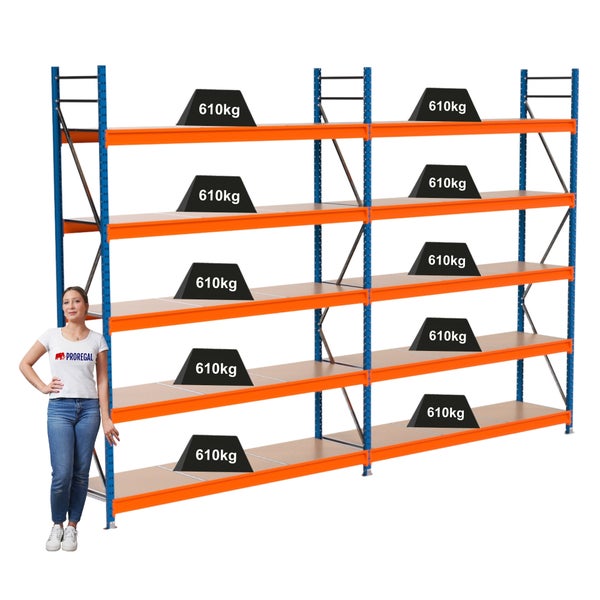 Industrieregal mit mehreren Ebenen, belastet mit 610 Kilogramm Lasten