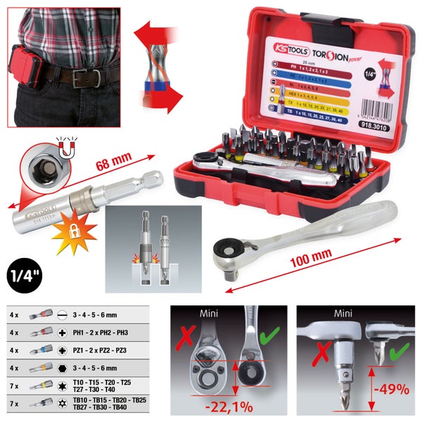 KS Tools Bit- und Ratschen-Satz mit verschiedenen Bits und einer Ratsche in einem roten Koffer