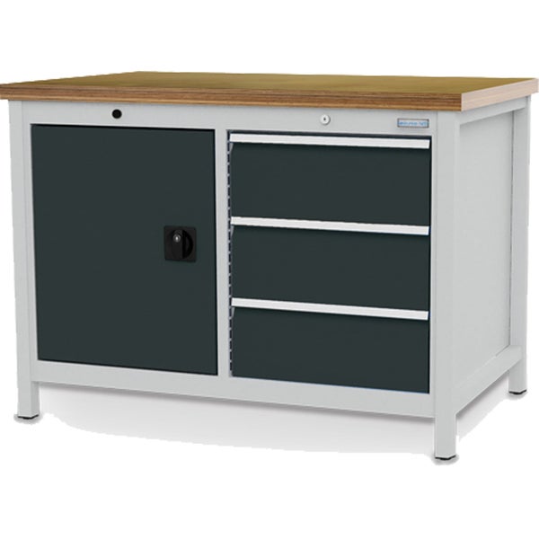 Werkstattschrank in Grau mit blauen Schubladen, eine Schublade auf Teleskopschienen weit ausgezogen.