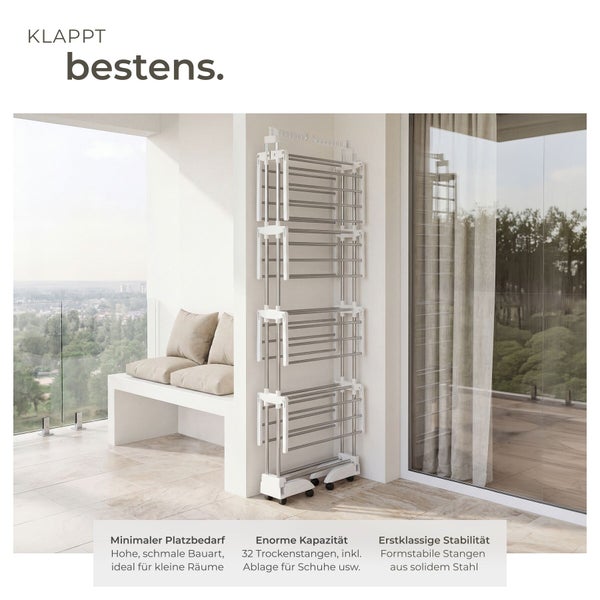 Turmtrockner mit vielen Trockenstangen auf einem Balkon, platzsparendes Design für Wäsche, aus stabilem Stahl, mobil durch Rollen.