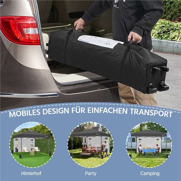 Person lädt Faltpavillon in Tragetasche mit Rädern in Kofferraum. Anwendungsbeispiele: Hinterhof, Party und Camping