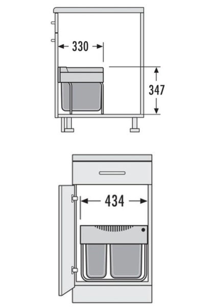 Skizze eines Unterschranks mit Abfallbehälter und Maßangaben