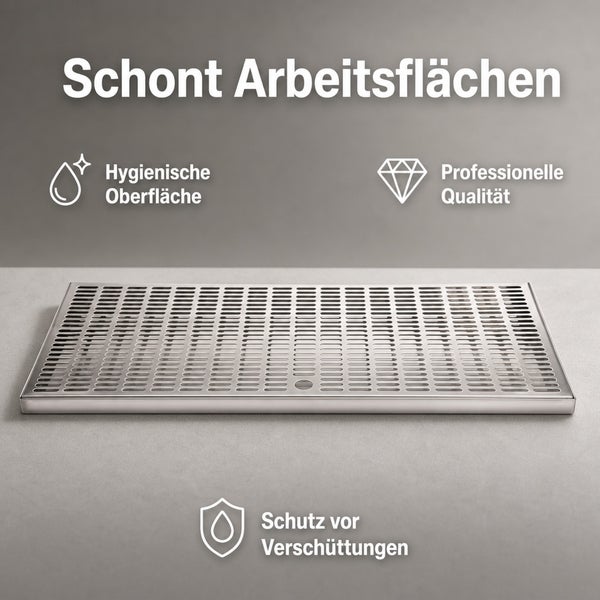 Edelstahl Abtropfblech für Arbeitsflächen mit Symbolen für Hygiene, professionelle Qualität und Schutz vor Verschüttungen.