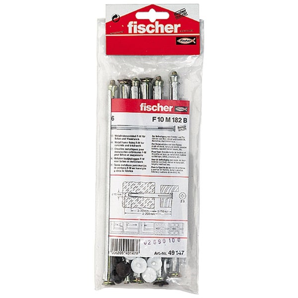Fischer Metallrahmendübel F 10 M 182 B, sechs Metallanker für Beton und Mauerwerk in transparenter Verpackung.