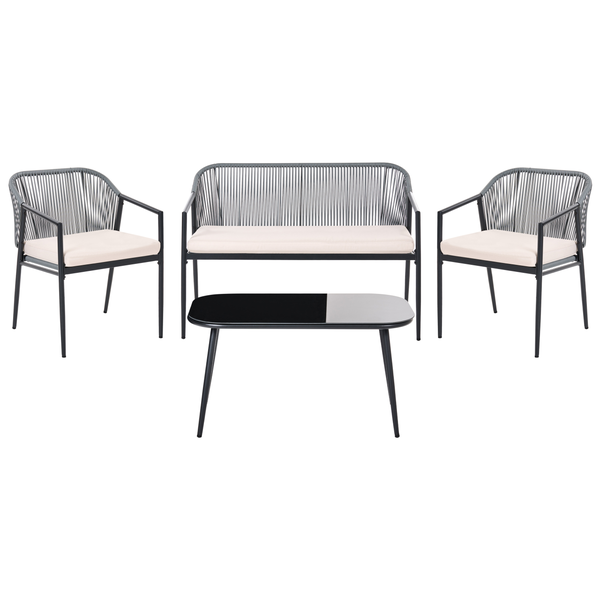 Garten-Lounge-Set mit schwarzem Metallgestell, anthrazitfarbener Seilbespannung und beigen Sitzkissen, bestehend aus Sofa, zwei Sesseln und Tisch.