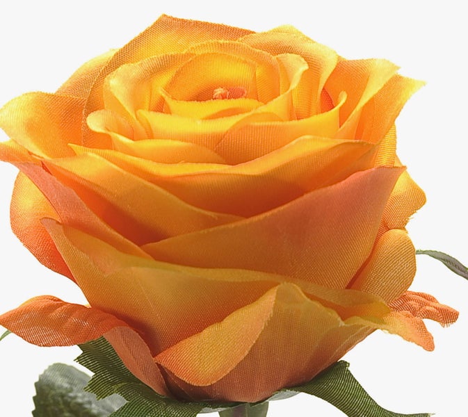 Künstliche Rose in Orange mit grünem Stängel und Blättern.