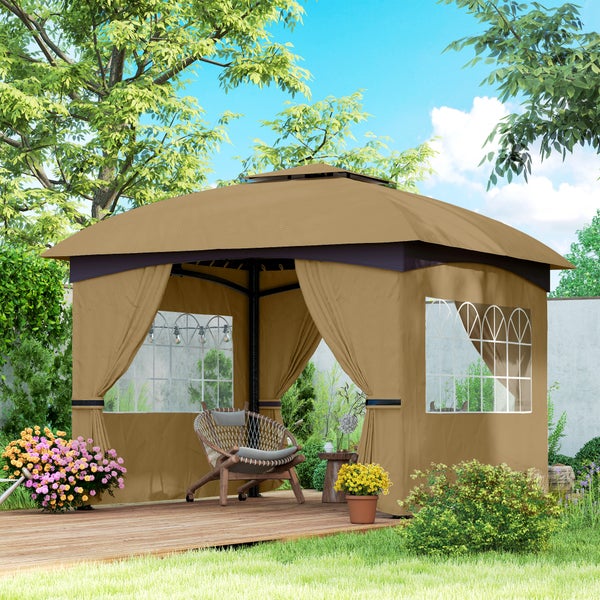 Outsunny Pavillon ca. 3,4x3,4 m wasserabweisend Gartenpavillon mit 4 Seitenteilen, Doppeldach, Partyzelt mit UV-Schutz Gartenzelt mit verzinktem Metallrahmen, für Garten Beige
