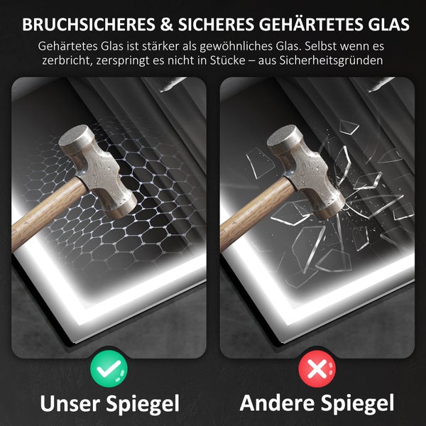 Vergleich von bruchsicherem gehärtetem Glas und herkömmlichem Glas bei einem Hammerschlag. Das gehärtete Spiegelglas zersplittert nicht.