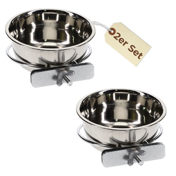 Zweiteiliges Set aus Edelstahl-Futternäpfen mit Halterung