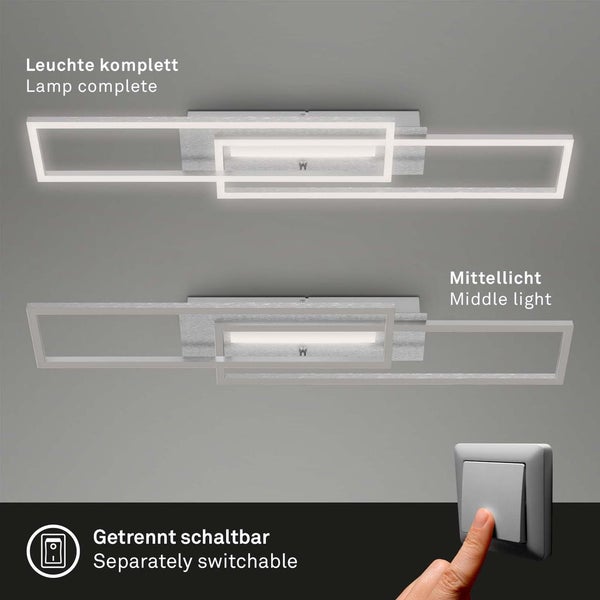 Moderne LED-Deckenleuchte mit rechteckigen Rahmen, Darstellung der getrennt schaltbaren Segmente für komplettes Licht und Mittellicht.