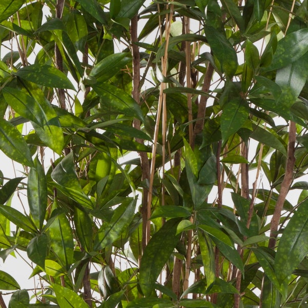 Künstliche Pflanze mit schmalen grünen Blättern in einem terrakottafarbenen Topf.