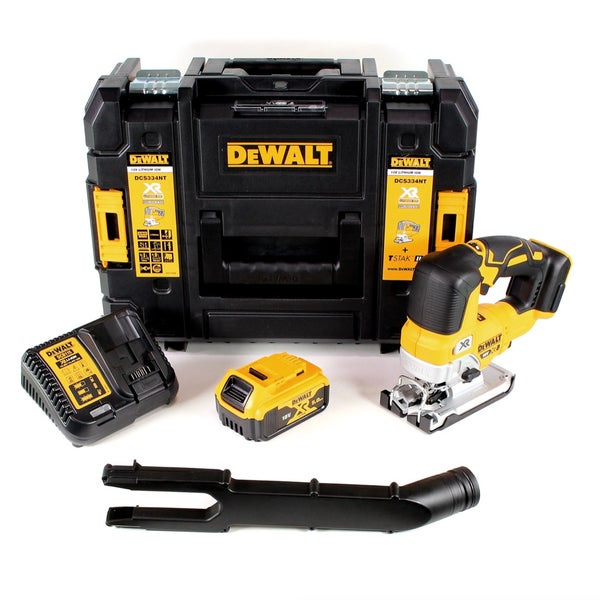DeWalt Akku-Stichsäge-Set mit Akku-Stichsäge DCS334, 18-Volt-Akku, Ladegerät, Absaugadapter und TSTAK-Transportkoffer.