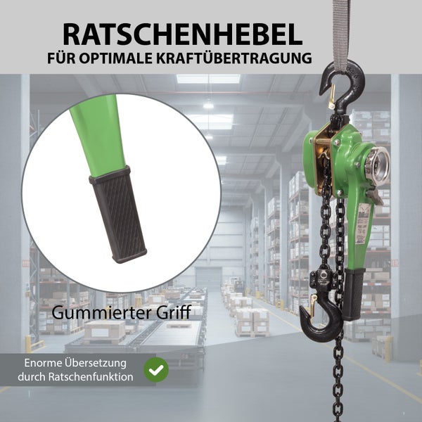 Hebelzug mit Ratschenfunktion und gummiertem Griff für Lasten bis 750 Kilogramm.