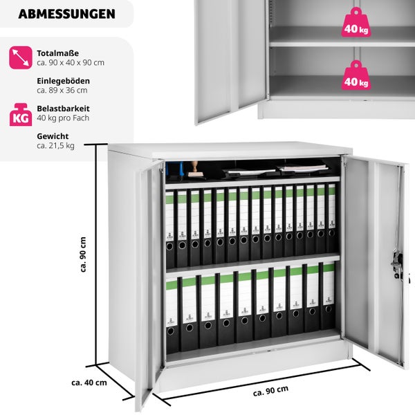 Aktenschrank tectake  90 x 40 x 90 cm aus pulverbeschichtetem Stahl grau