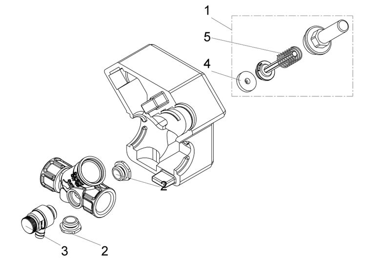 Technische Zeichnung mit Explosionsdarstellung von Ersatzteilen für eine Armatur, nummeriert von 1 bis 5.